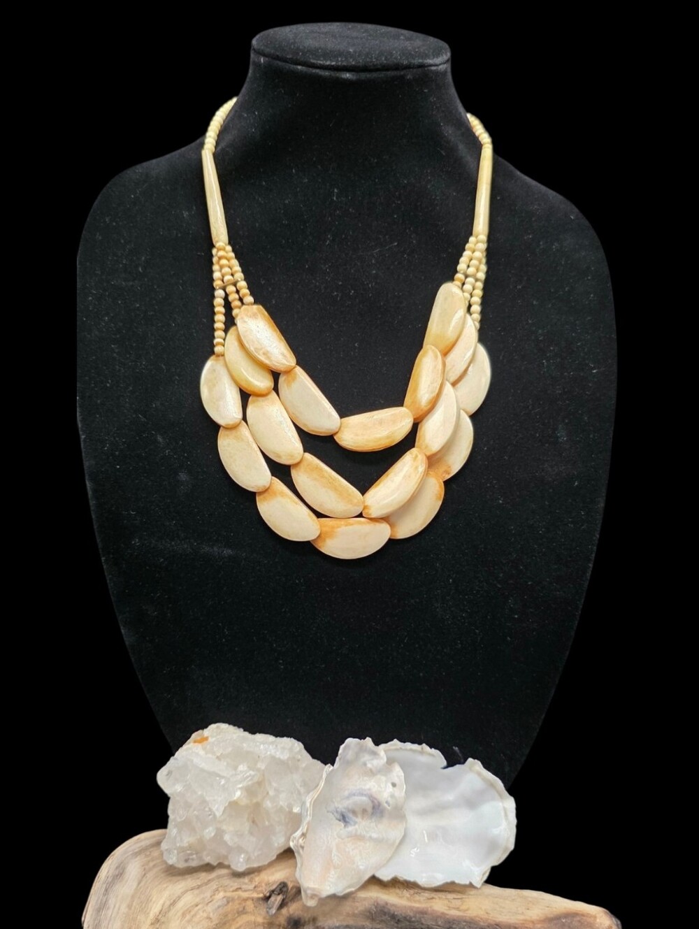 Vintage 1970s Carved Bone Tiered Bib Necklace Boho Statement